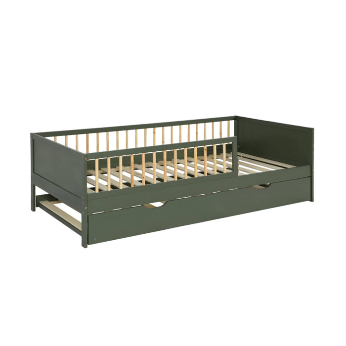 Lit gigogne enfant 90 x 190 cm pin naturel  avec sommier à lattes et tiroir ELIO
