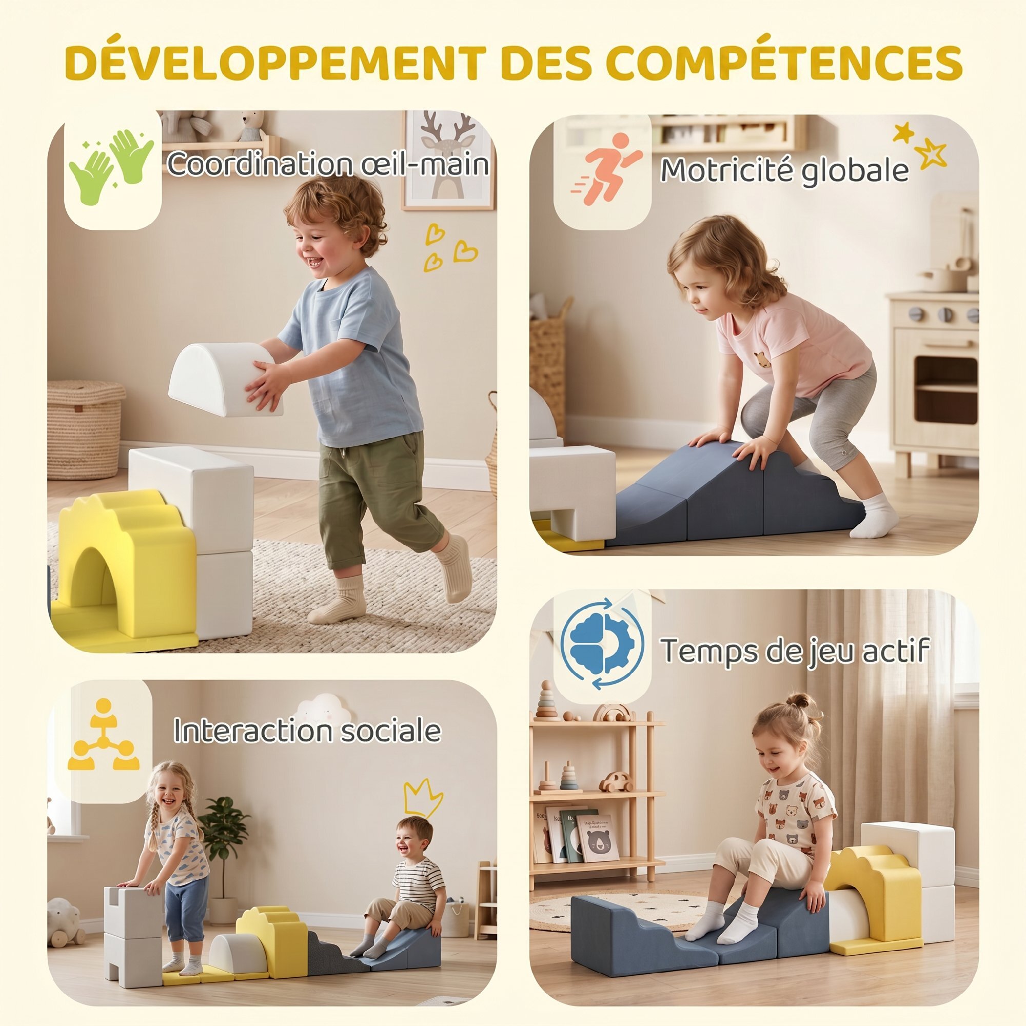 Parcours motricité bébé modulable 7 pièces zippées déhoussables velours multicolore