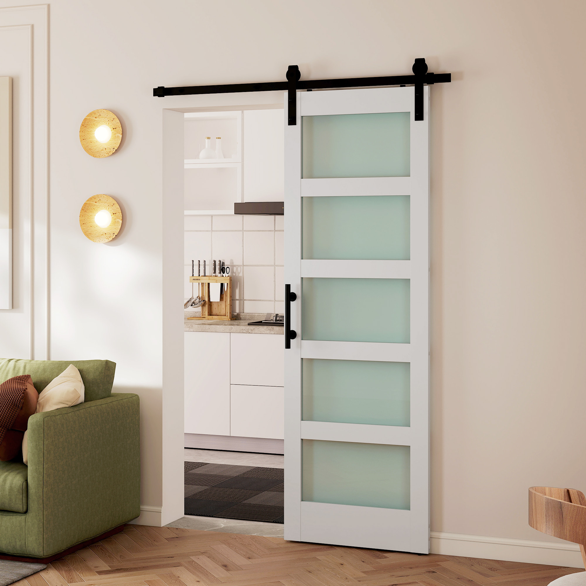 Puerta Corredera con Herrajes 71x213 cm, Puerta Corredera Interior de MDF y Vidrio Esmerilado con Rodillo, Riel, Guía de Suelo, para Baño, Salón, Sala de Estar, Blanco