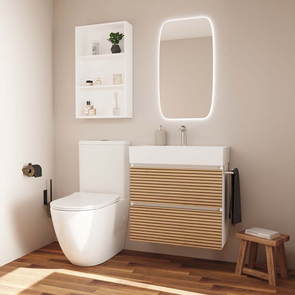 Conjunto de Baño YINU | 70 cm Blanco - Solomon | Fondo 36 cm | Dos Cajones | Lavabo Encastrado | No incluye Espejo | Mueble Montado | Alday