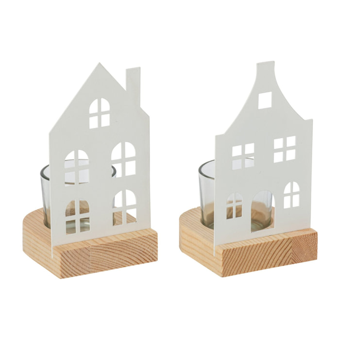J-Line photophores maison - fer - blanc - small - assortiment de 2