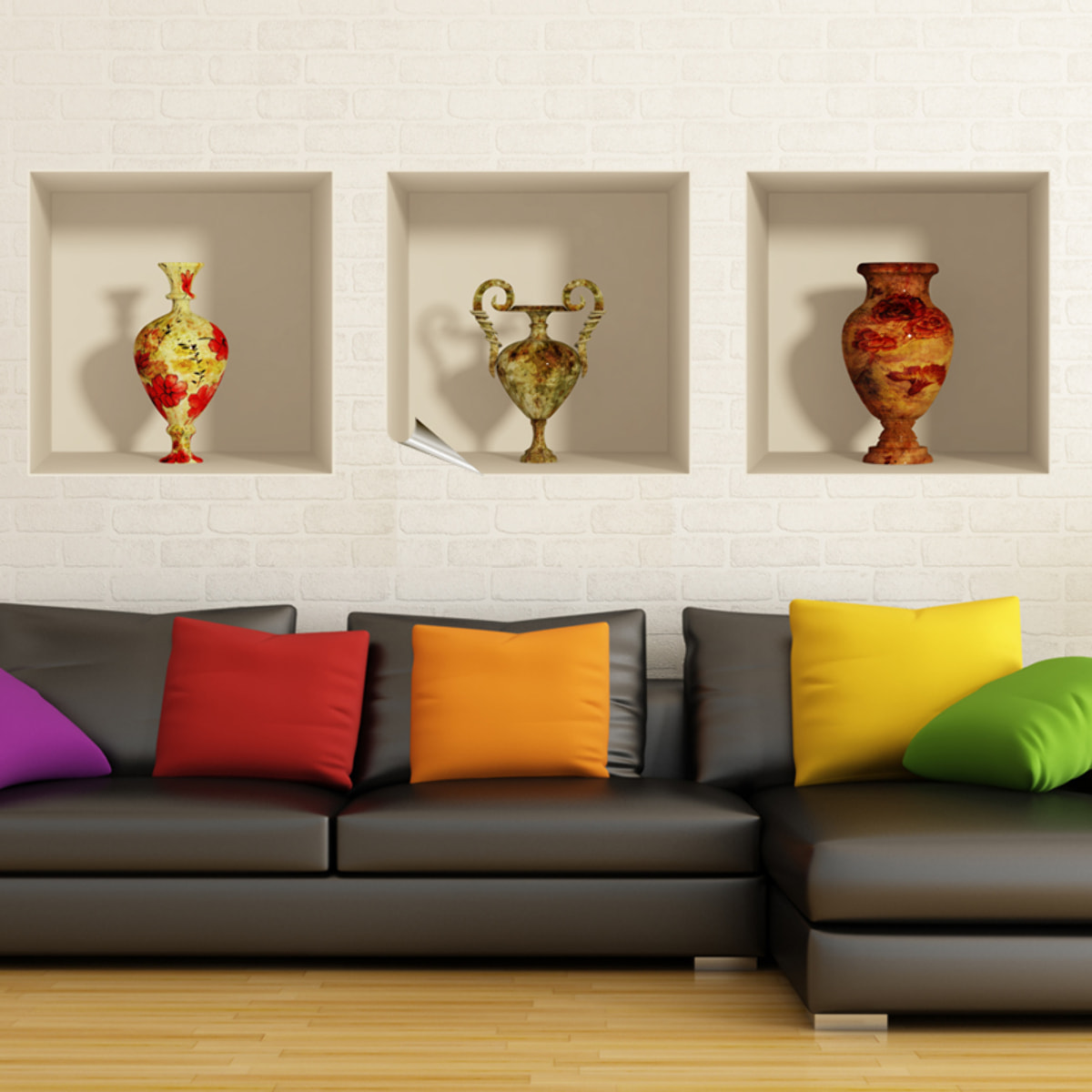 Stickers muraux 3D | Sticker Mural Autocollant effet 3D vases anciennes - Stickers adhésifs 3D Chambre Salon Trompe l'oeil