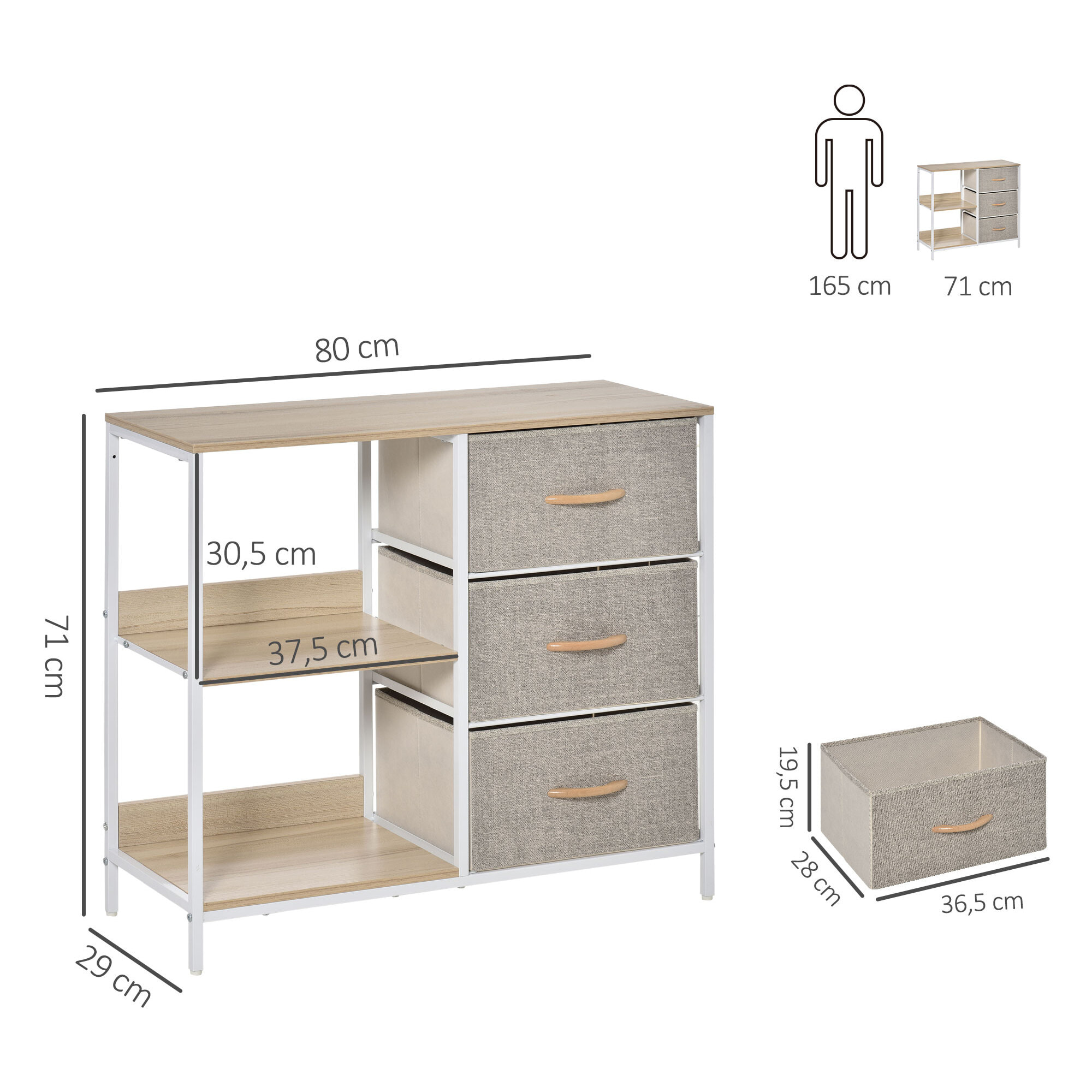 Meuble de rangement commode design - 3 tiroirs, 2 étagères - métal MDF non tissé beige