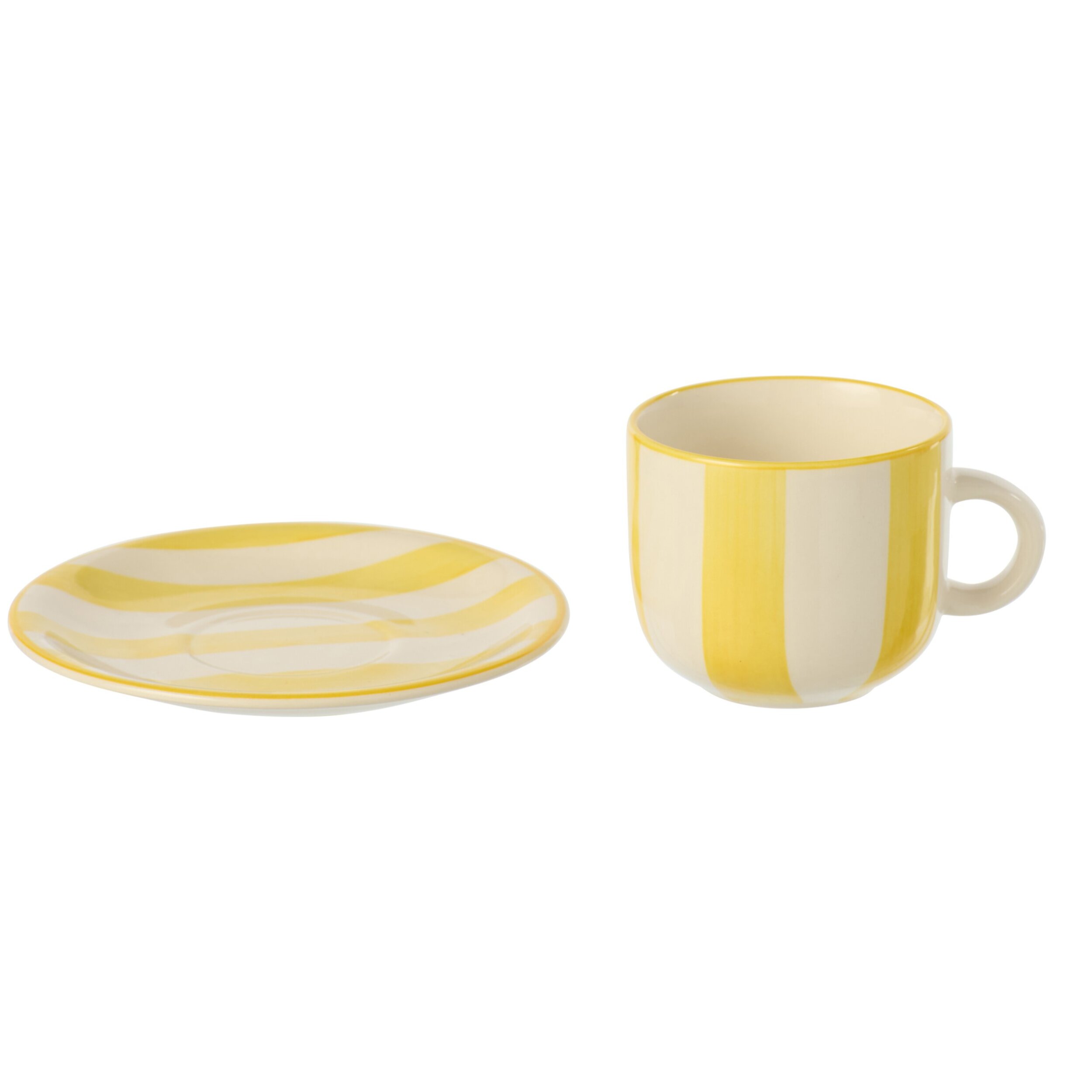 J-Line Tasse + Sous-tasse Ligné - céramique - jaune/blanc - 6 pièces