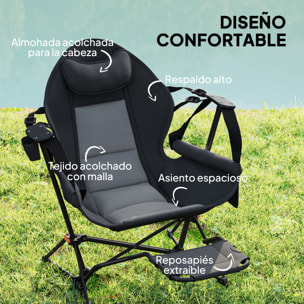 Pack 2 Mecedora Jardín Exterior con Reposapiés Silla Plegable de Camping con Reposacabezas Portavasos Bolsillos y Bolsa de Transporte Carga 120 kg para Playa Camping Pesca Negro