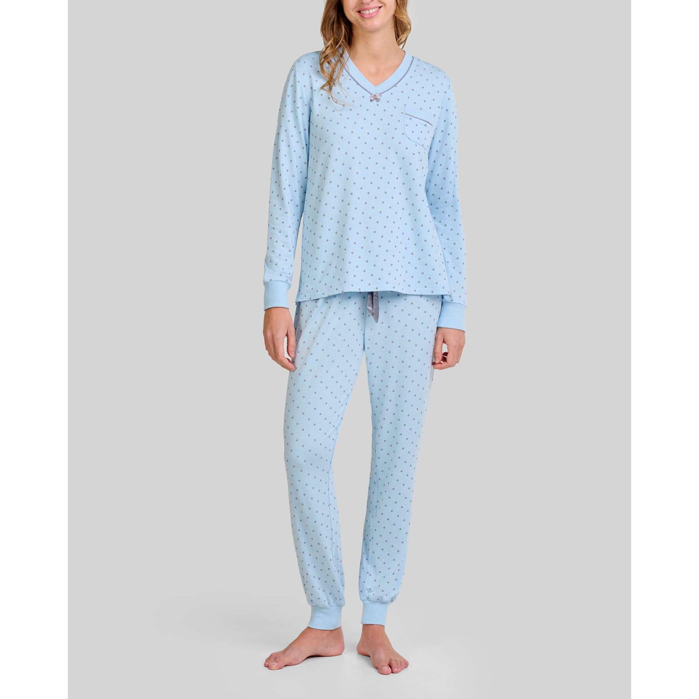 Pijama mujer suave y cálido tejido vigoré estampado, escote en pico y puños elásticos, manga larga y pantalón largo
