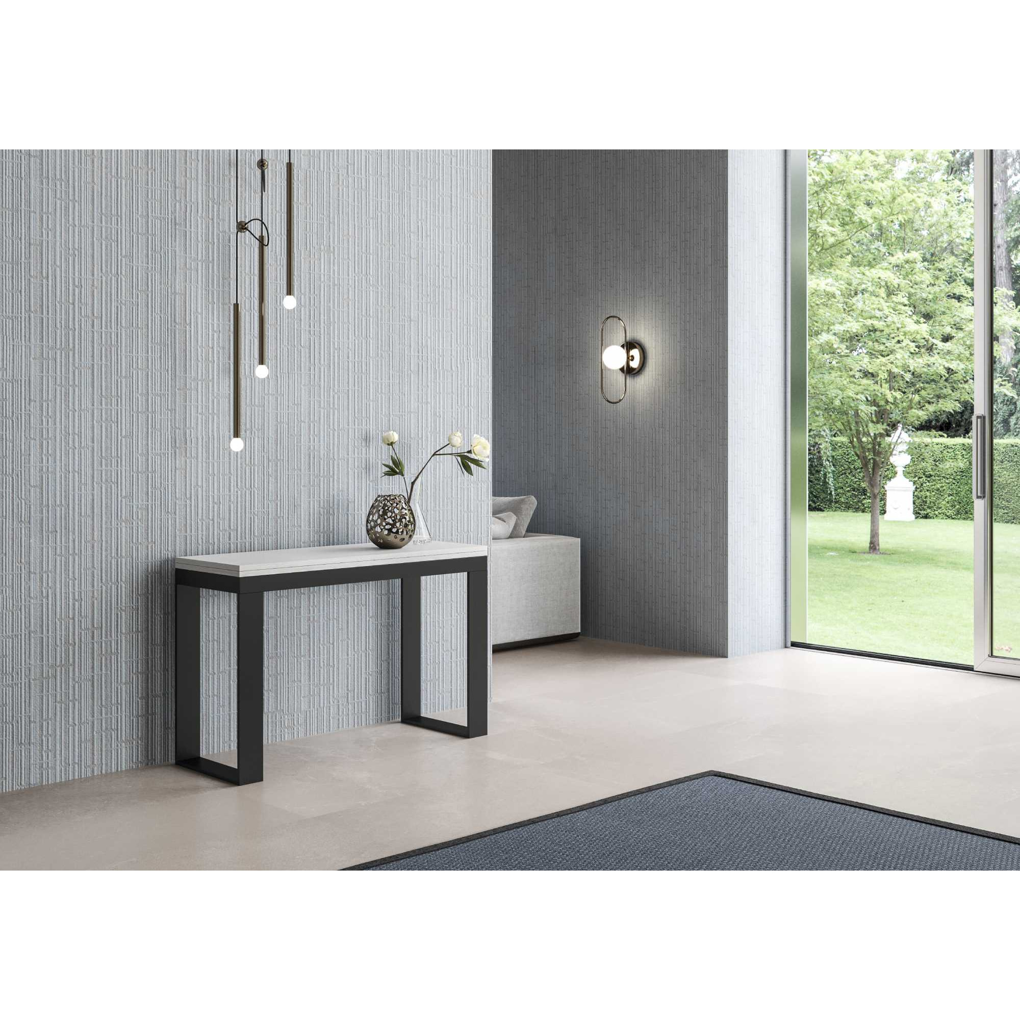 Table Tecno Double Frêne Blanc 120x45 ouverte/Allongée120x90/200x90 pieds/cadre Anthracite