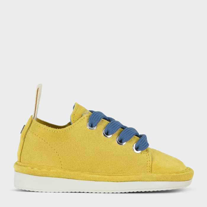 SCARPA ALLACCIATA P01 BIMBO IN SUEDE GIALLO-BLU DENIM