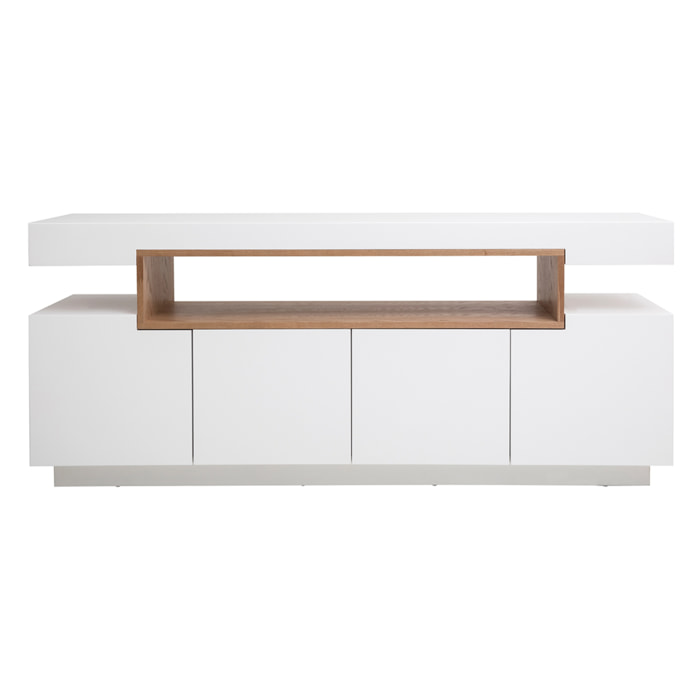 Buffet scandinave blanc laqué brillant et bois 4 portes L180 cm LIVO
