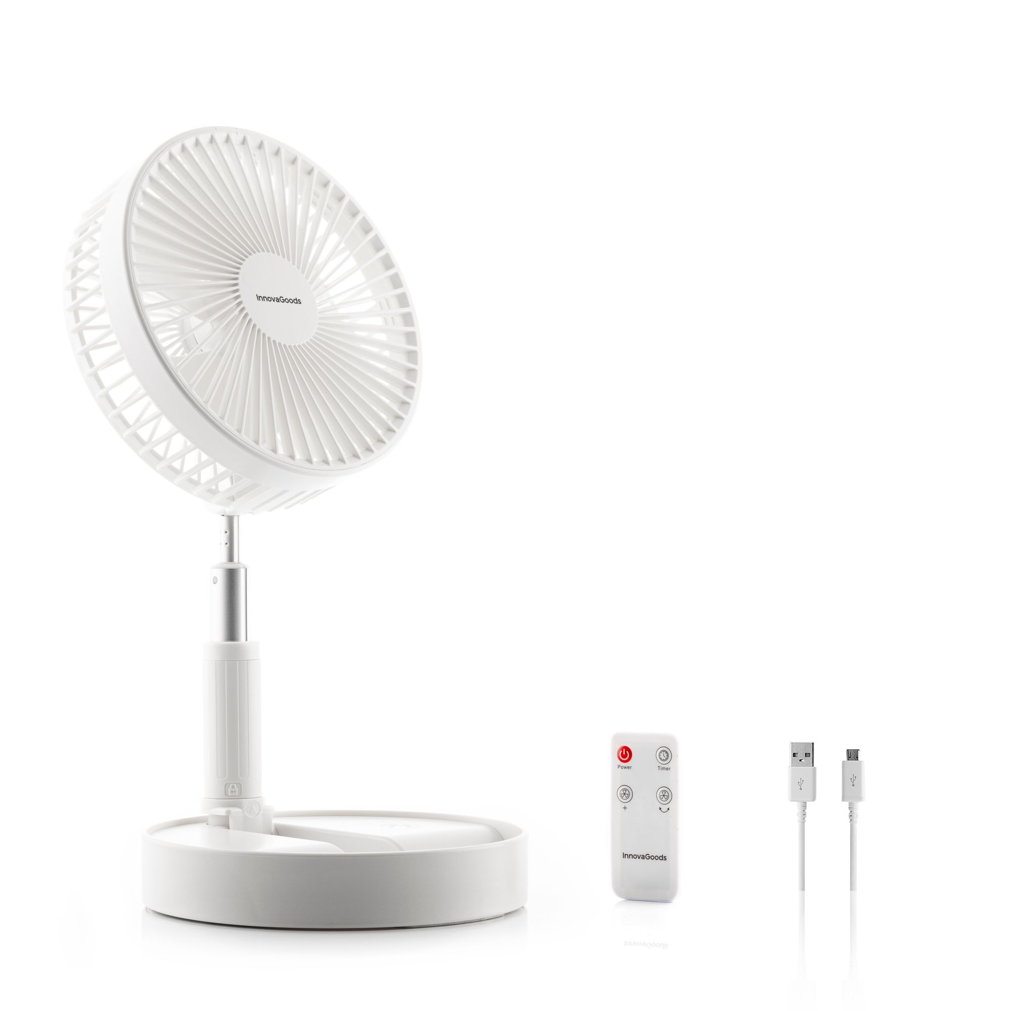 Ventilatore ricaricabile pieghevole 3 in 1 Fandle - 5 V - bianco e argento - 19,8 x 36-100 x 19,8 cm