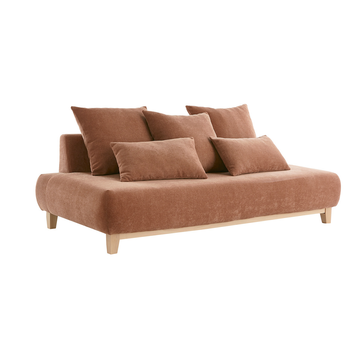 Canapé 3 places en tissu effet velours texturé terracotta et bois clair L200 cm ODEON