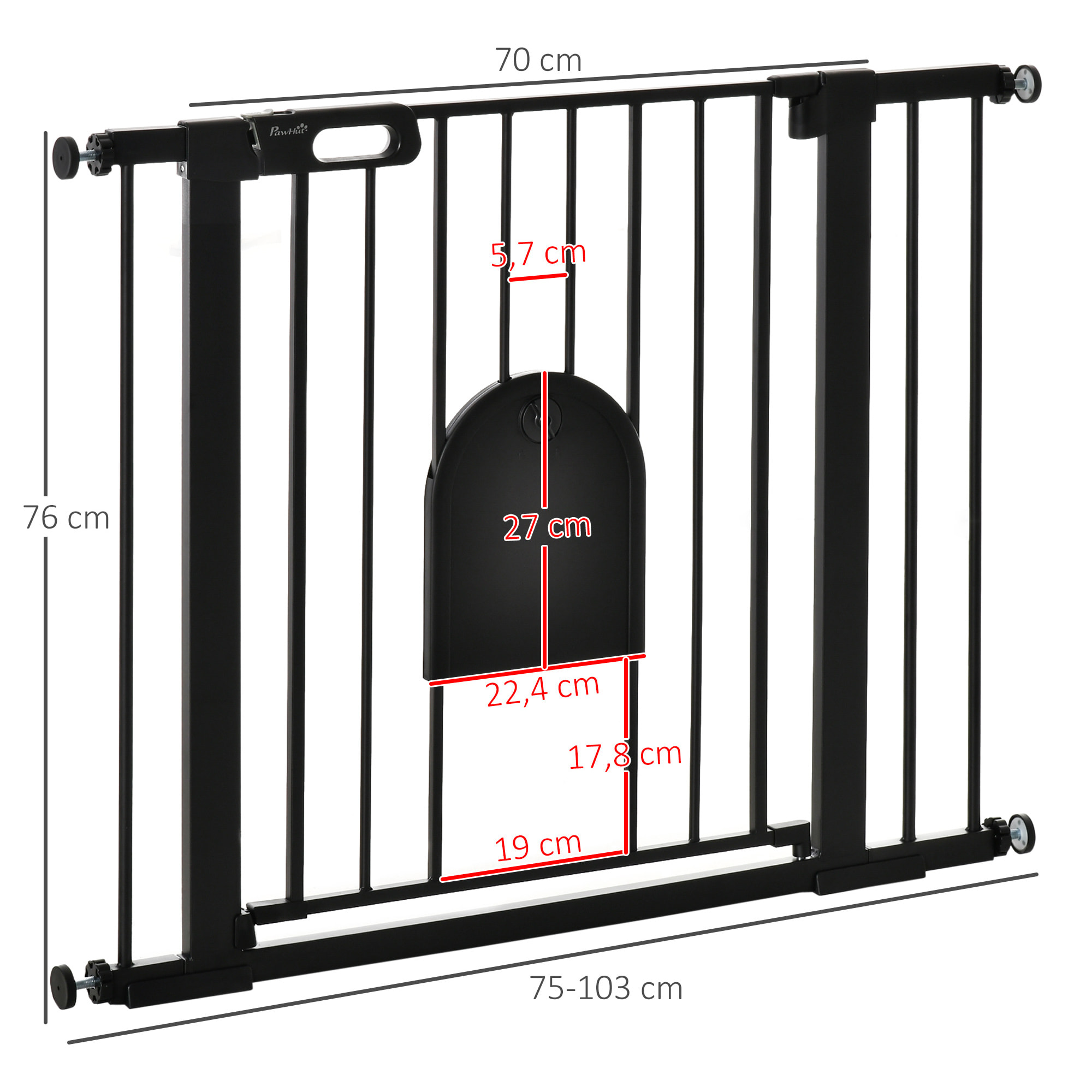 Barrière de sécurité chien H.76 cm - porte verrouillable - fixation par pression 75-103 cm - acier ABS noir