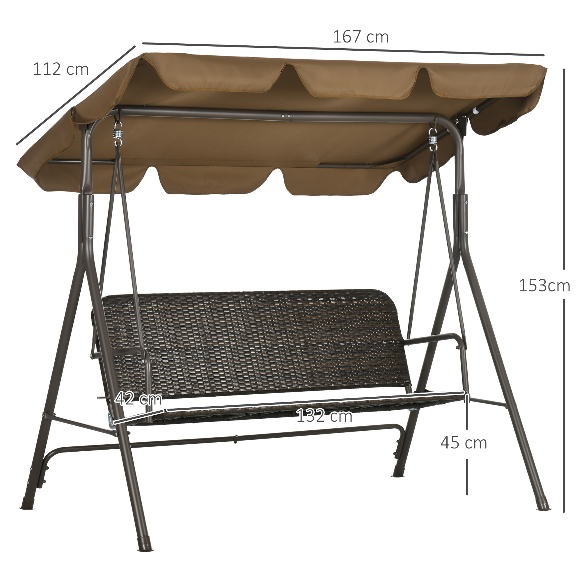 Columpio de Jardín Exterior de 3 Plazas Balancín de Jardín Exterior con Toldo Ajustable Asiento de Ratán PE y Reposabrazos para Balcón Terraza Patio Carga 240 kg 167x112x153 cm Marrón