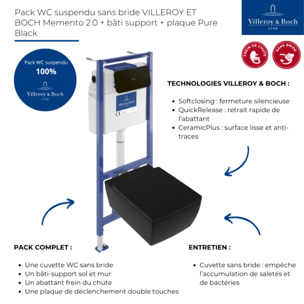 Pack WC suspendu sans bride Memento 2.0 + bâti support + plaque Pure Black