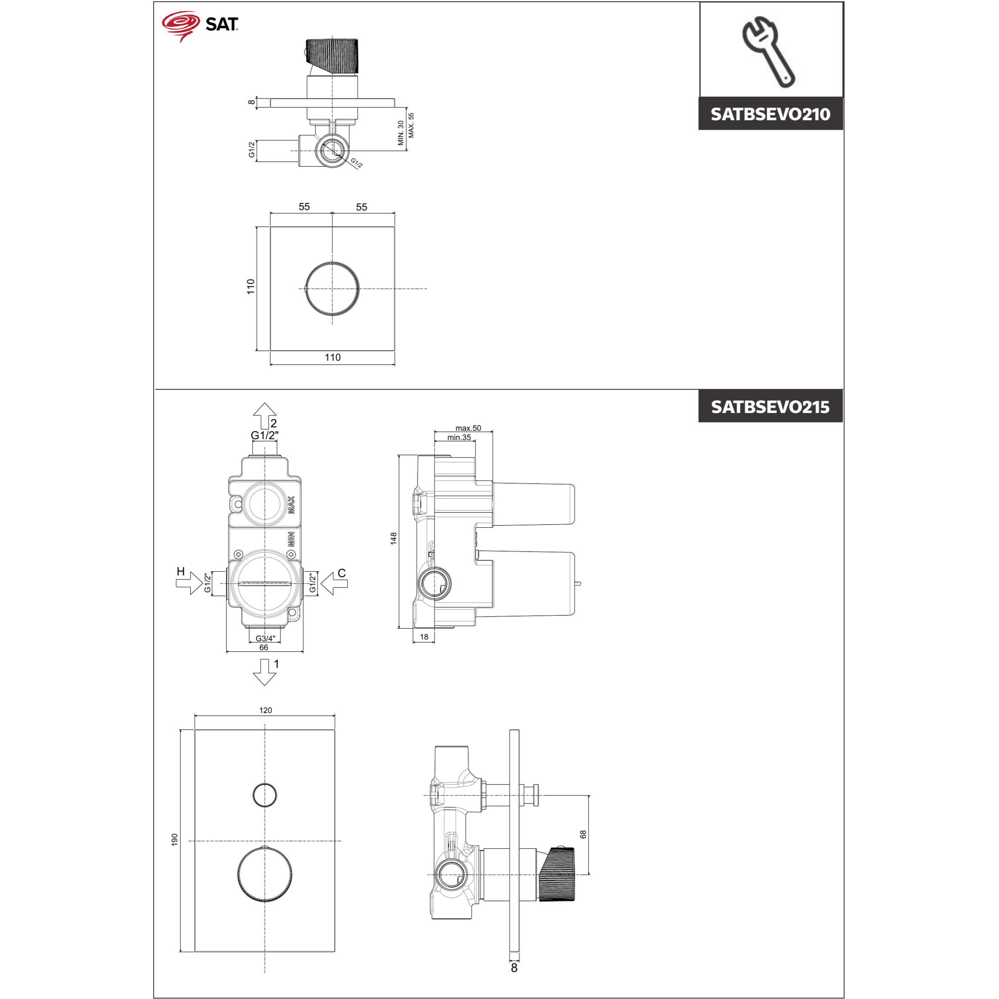 Mitigeur de douche chromé SAT Evolution avec corps encastré  (SATBSEVO210)