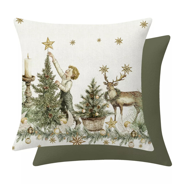 Housse de coussin lin & coton 165 g/m² imprimé jaune vert Noel vintage dore