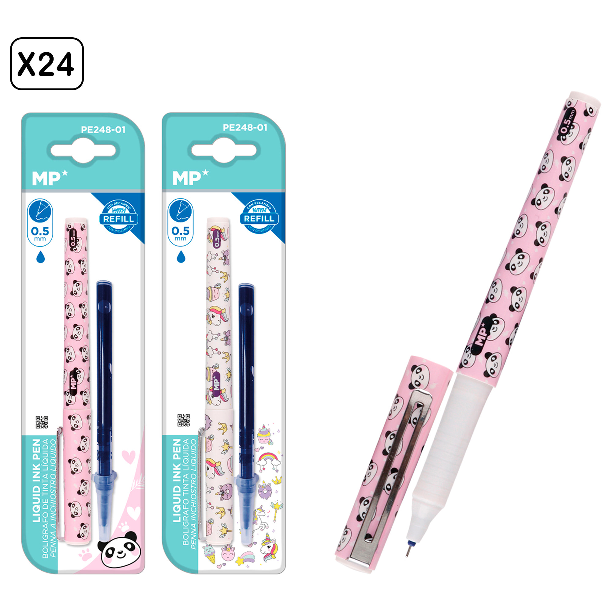PACK 24 Uds. BOLÍGRAFO TINTA LÍQUIDA PUNTA CON RECAMBIO 0,5 mm. DISEÑO PANDA Y UNICORNIO.