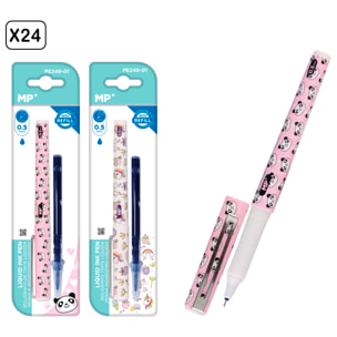 PACK 24 Uds. BOLÍGRAFO TINTA LÍQUIDA PUNTA CON RECAMBIO 0,5 mm. DISEÑO PANDA Y UNICORNIO.