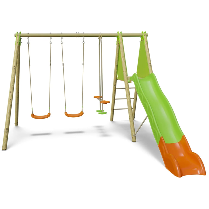 Balançoire en bois poutre métal Techwood OPTIMA Trigano 2,30 m avec toboggan - 6 enfants