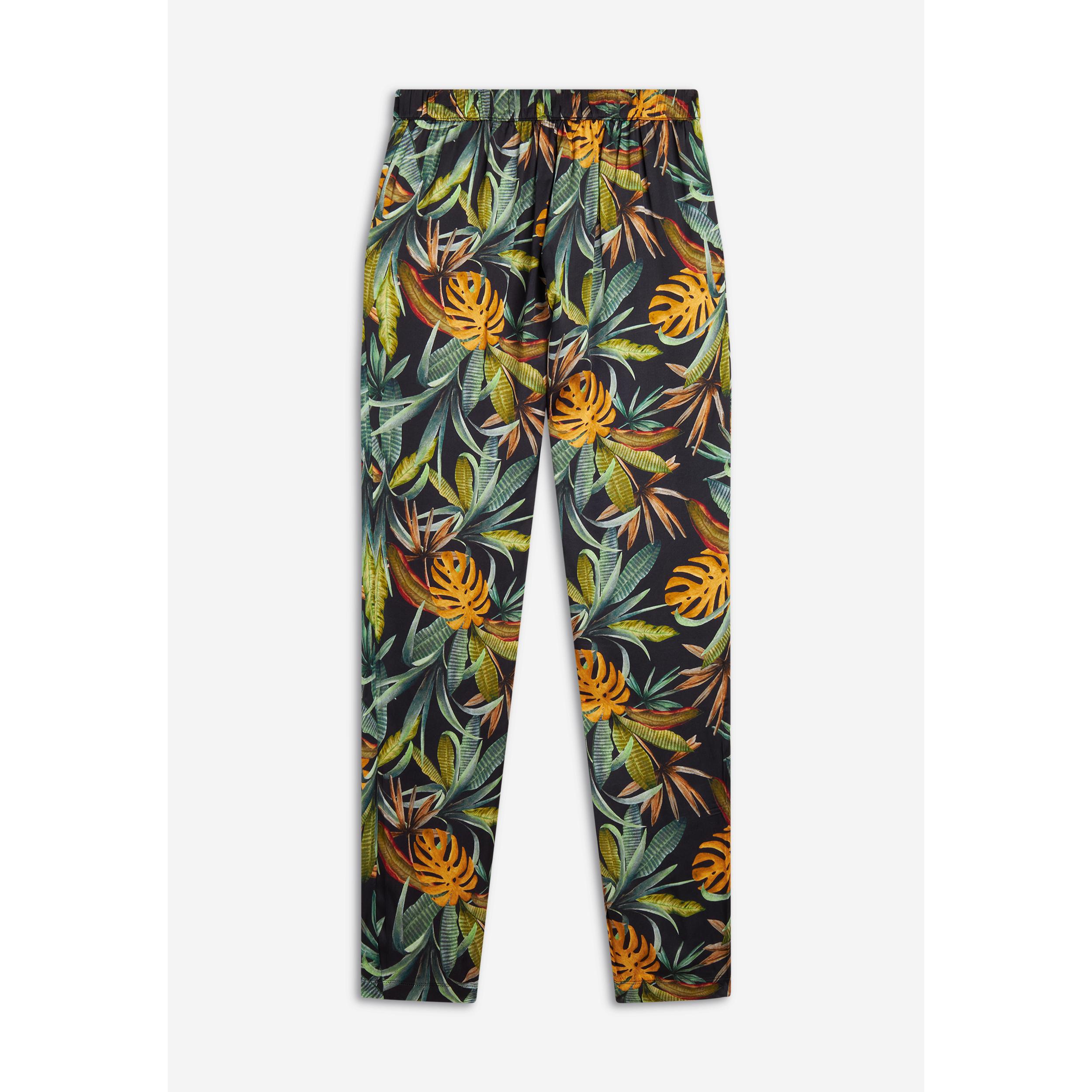 Pantaloni donna in satin di viscosa a fantasia tropical