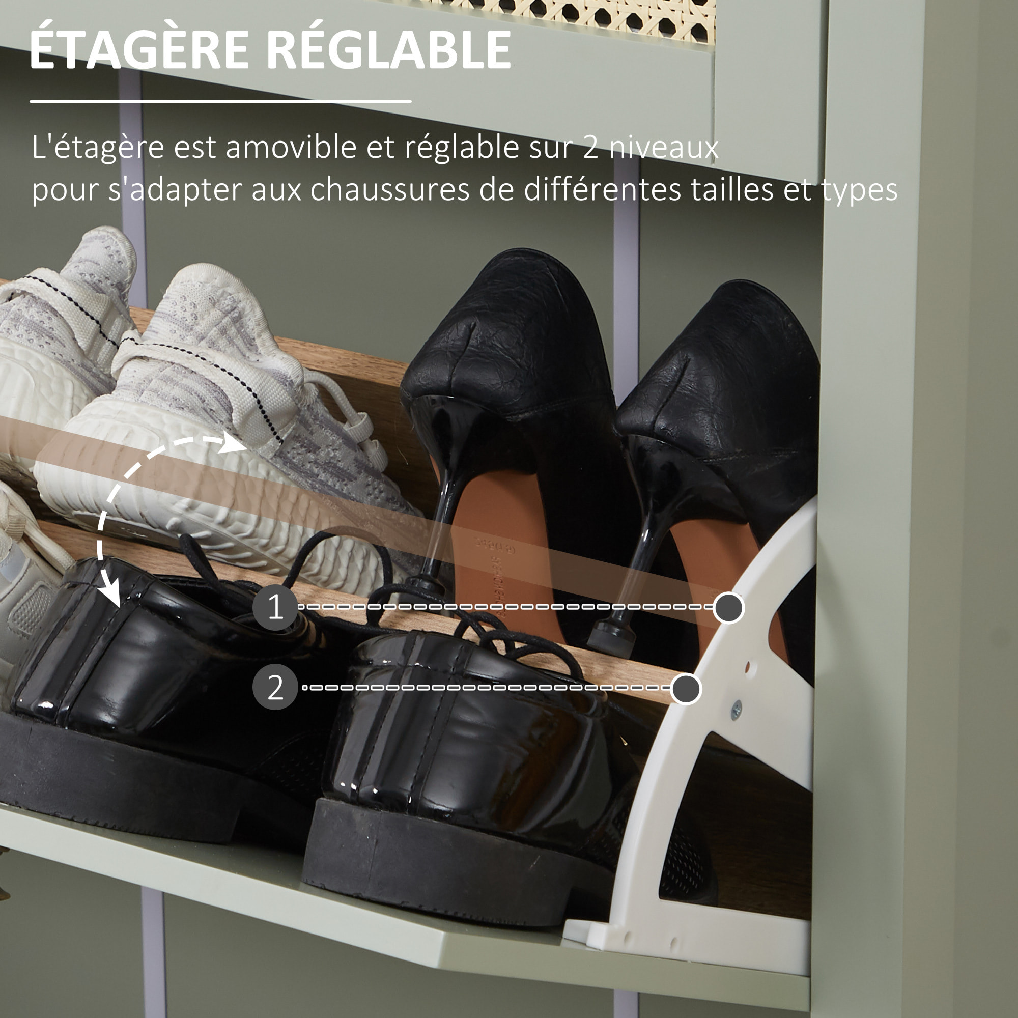 Meuble à chaussures style bohème chic - 2 portes abattantes 2 étagères réglables tiroir - MDF vert d'eau aspect rotin