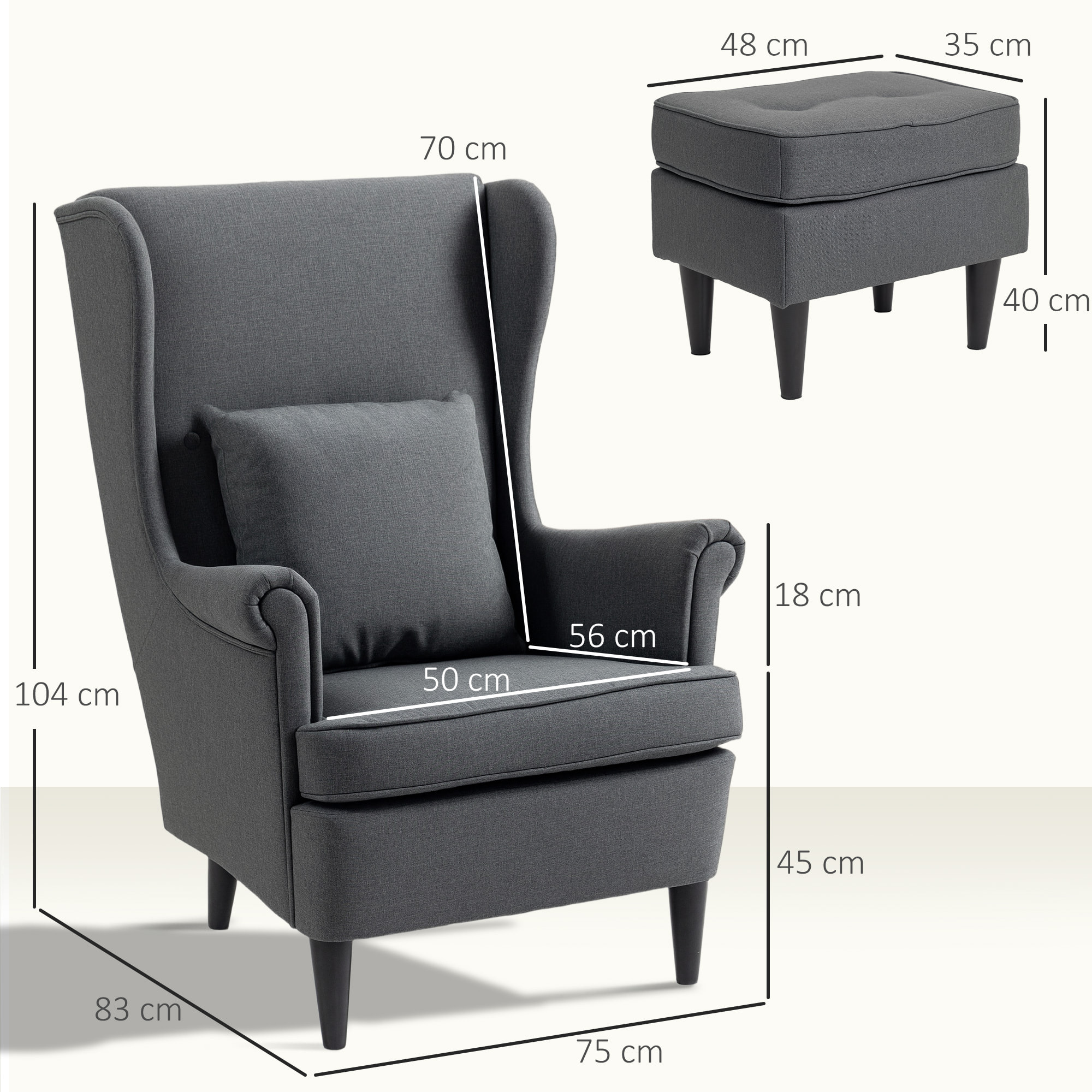 Sillón con Reposapiés Sillón Lectura con Respaldo Alto Capitoné Patas de Madera Almohada Acolchada y Tapizado en Lino Butaca para Salón Dormitorio Oficina Gris Oscuro