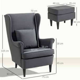 Sillón con Reposapiés Sillón Lectura con Respaldo Alto Capitoné Patas de Madera Almohada Acolchada y Tapizado en Lino Butaca para Salón Dormitorio Oficina Gris Oscuro