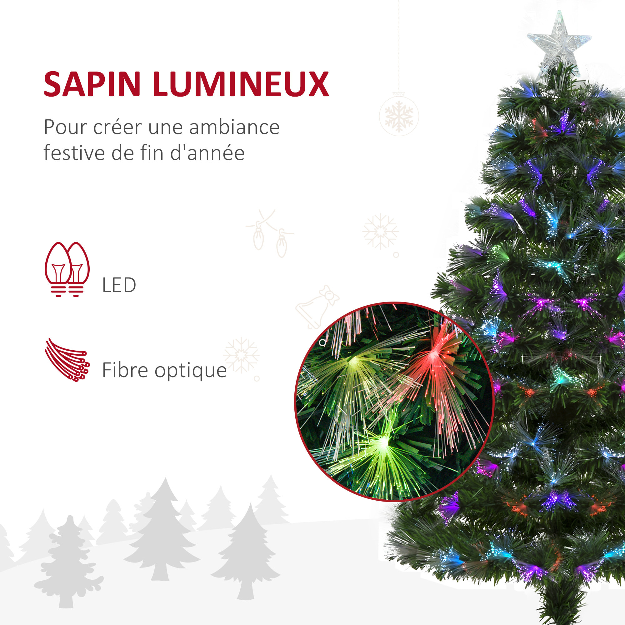 Sapin de Noël artificiel lumineux fibre optique LED multicolore + support pied Ø 66 x 120H cm 130 branches étoile sommet brillante vert