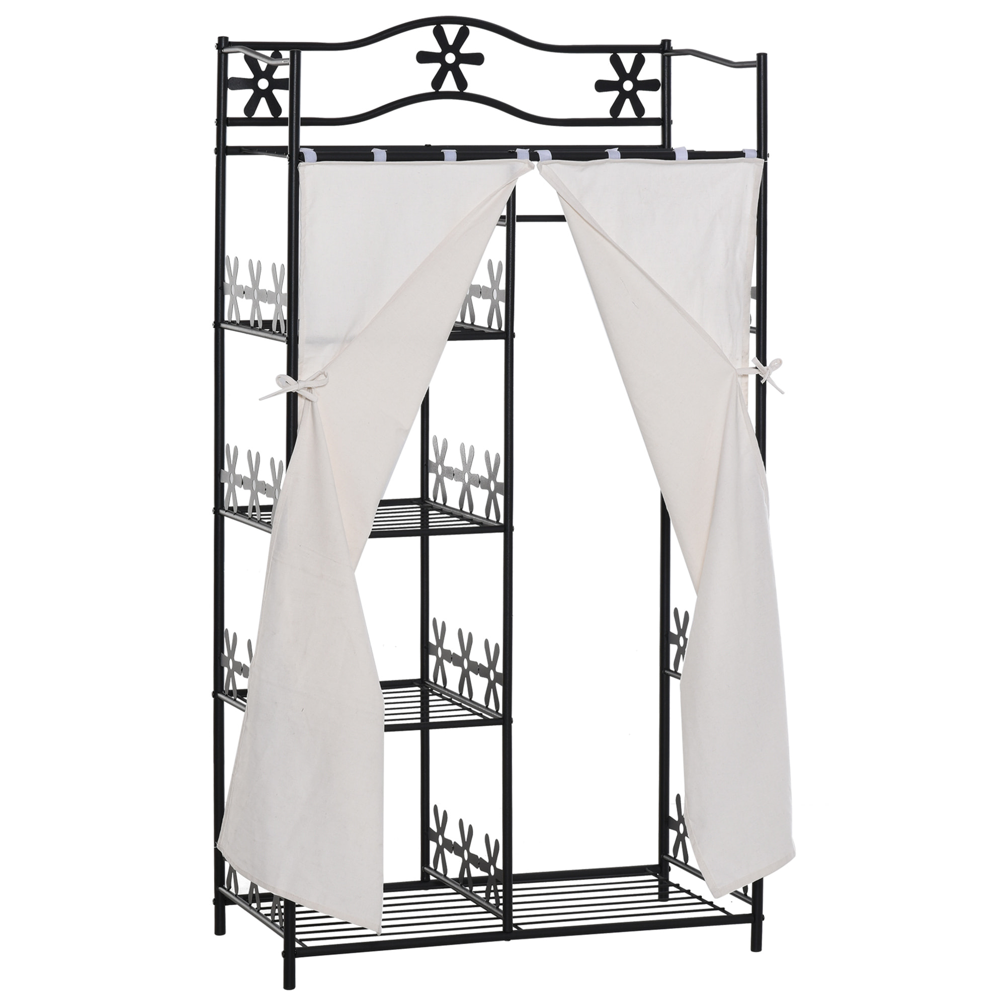 Armoire penderie multi-rangement - 5 étagères - dim. 84L x 42l x 158,5H cm - métal noir motif fleurs 2 rideaux blanc