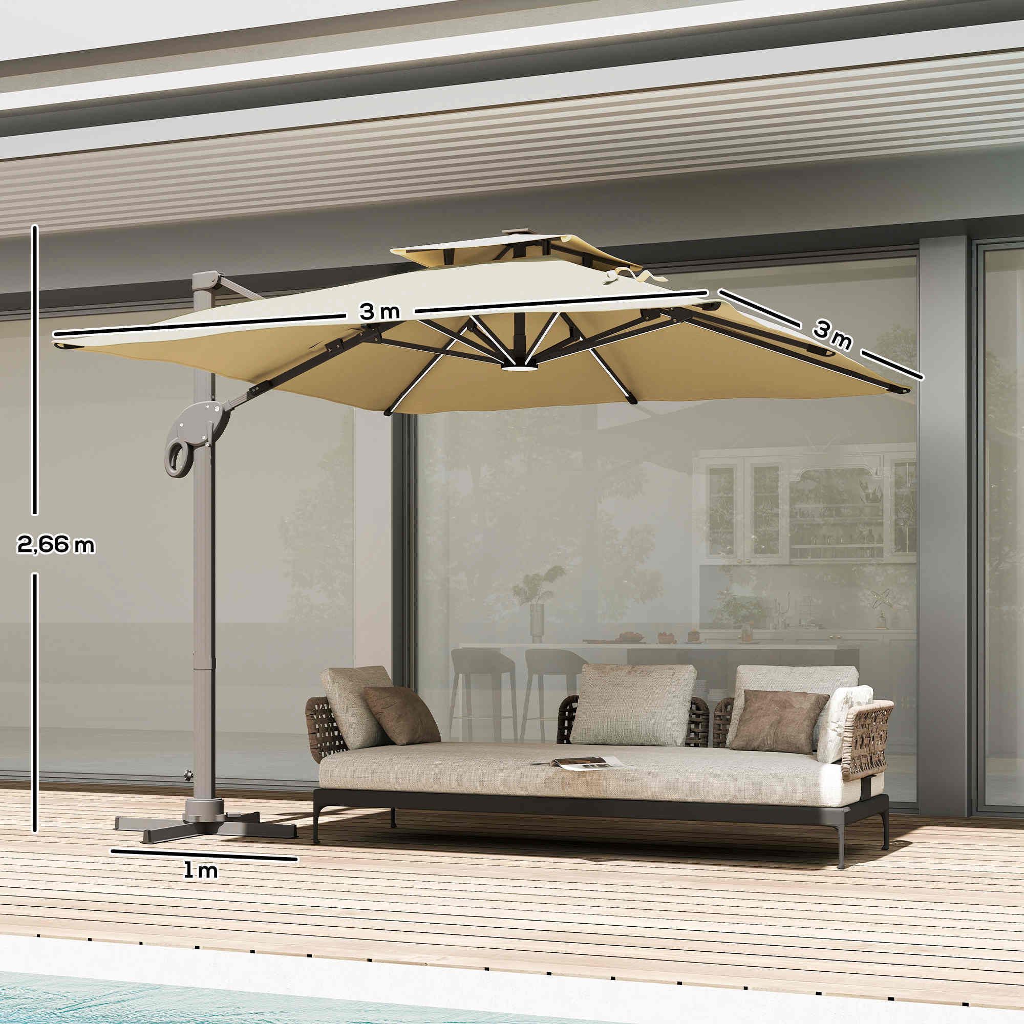 Parasol déporté LED carré double toit inclinable pivotant 360° manivelle piètement acier dim. 3L x 3l x 2,66H m beige