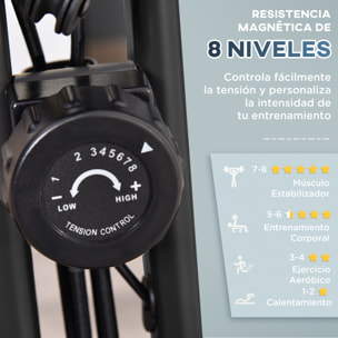 Bicicleta Estática Plegable Resistencia Magnética Ajustable de 8 Niveles con Sensor de Pulso Pantalla LCD Sillín Regulable Respaldo Bandas para Entrenamiento en Casa 107x53x107 cm Negro