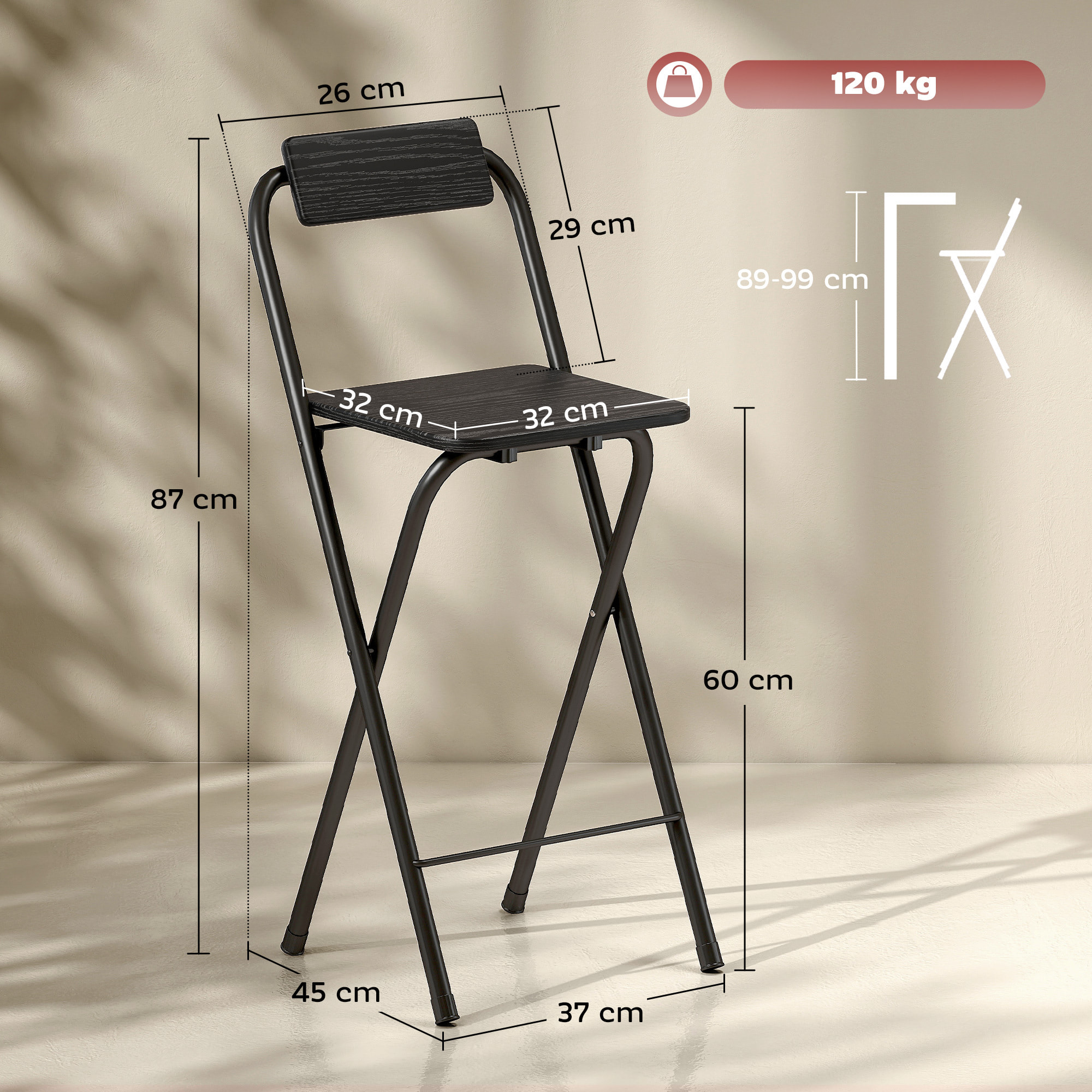 Lot de 2 tabourets de bar pliants avec dossier et repose-pieds acier noir effet bois noir