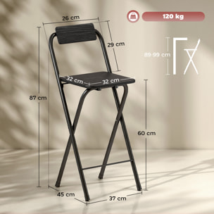 Lot de 2 tabourets de bar pliants avec dossier et repose-pieds acier noir effet bois noir