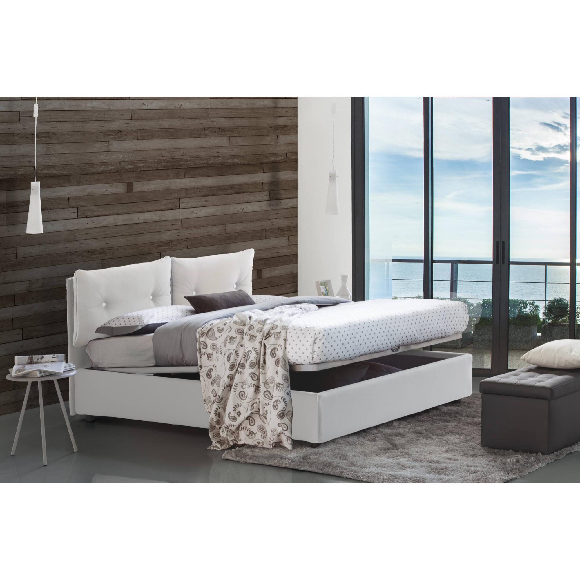 Letto singolo Milena, Letto contenitore con rivestimento in ecopelle, 100% Made in Italy, Apertura frontale, adatto per materasso Cm 80x190, Bianco