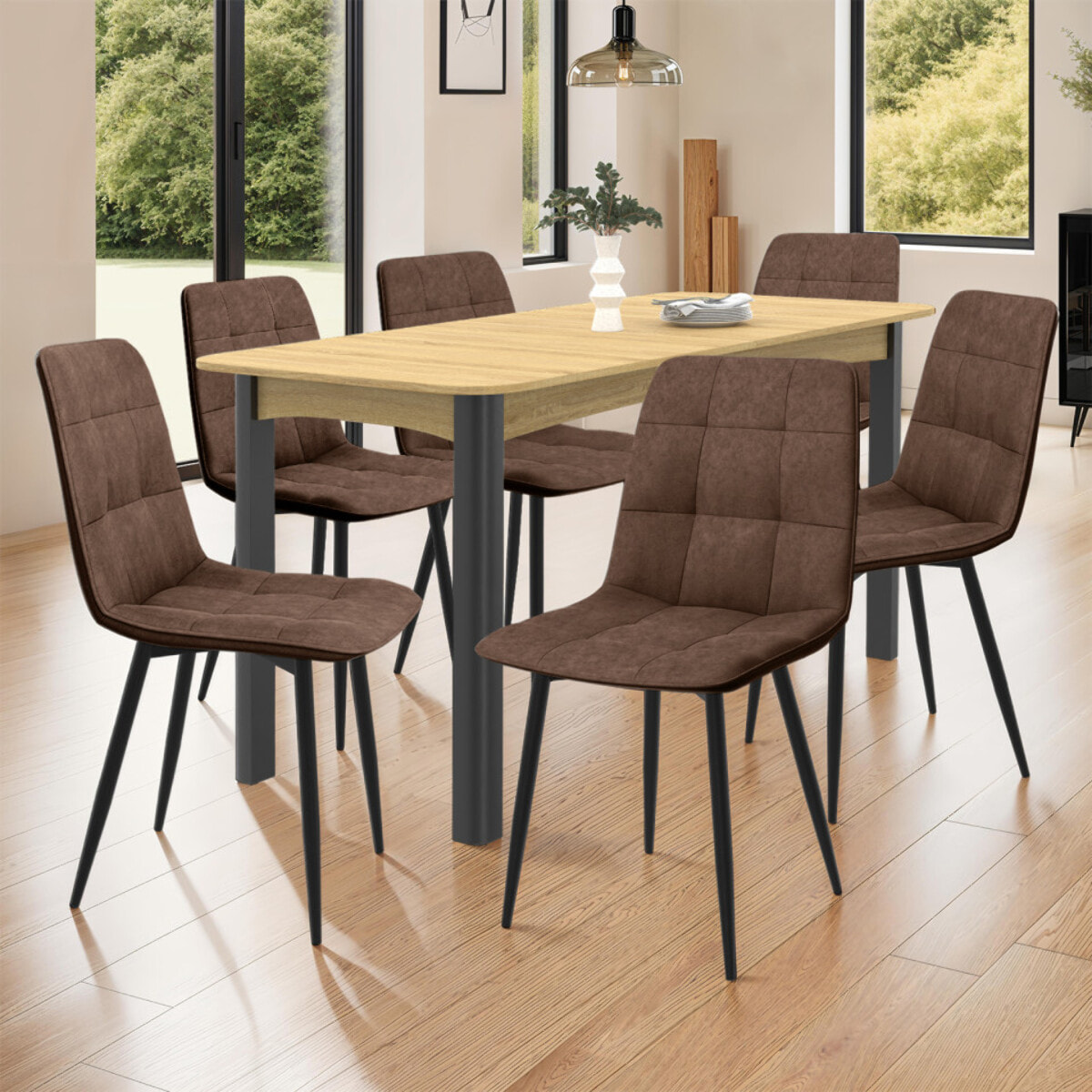 Chaises Linda simili cuir marron et pieds métal noirs - lot de 6