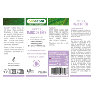OLIOSEPTIL - Roll'On Maux de Tête - Apaise les tensions - Fraîcheur immédiate - Diminue le stress - Aux Huiles Essentielles - Extrait de plantes - Marque Française - Roll'on 5ml