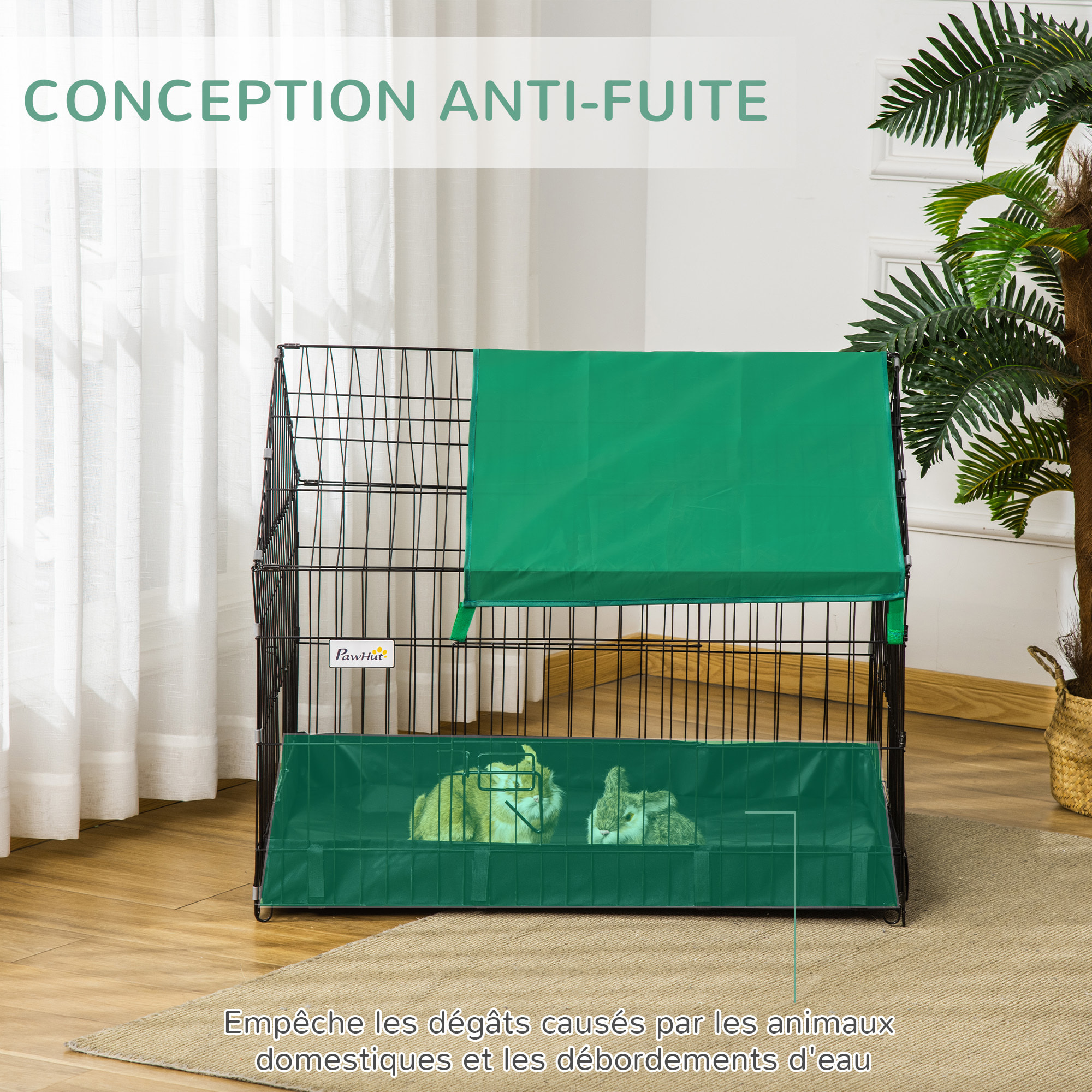 Cage parc enclos rongeurs dim. 90L x 75l x 75H cm - bâche de sol/toit imperméable, porte, trappe - acier oxford noir vert