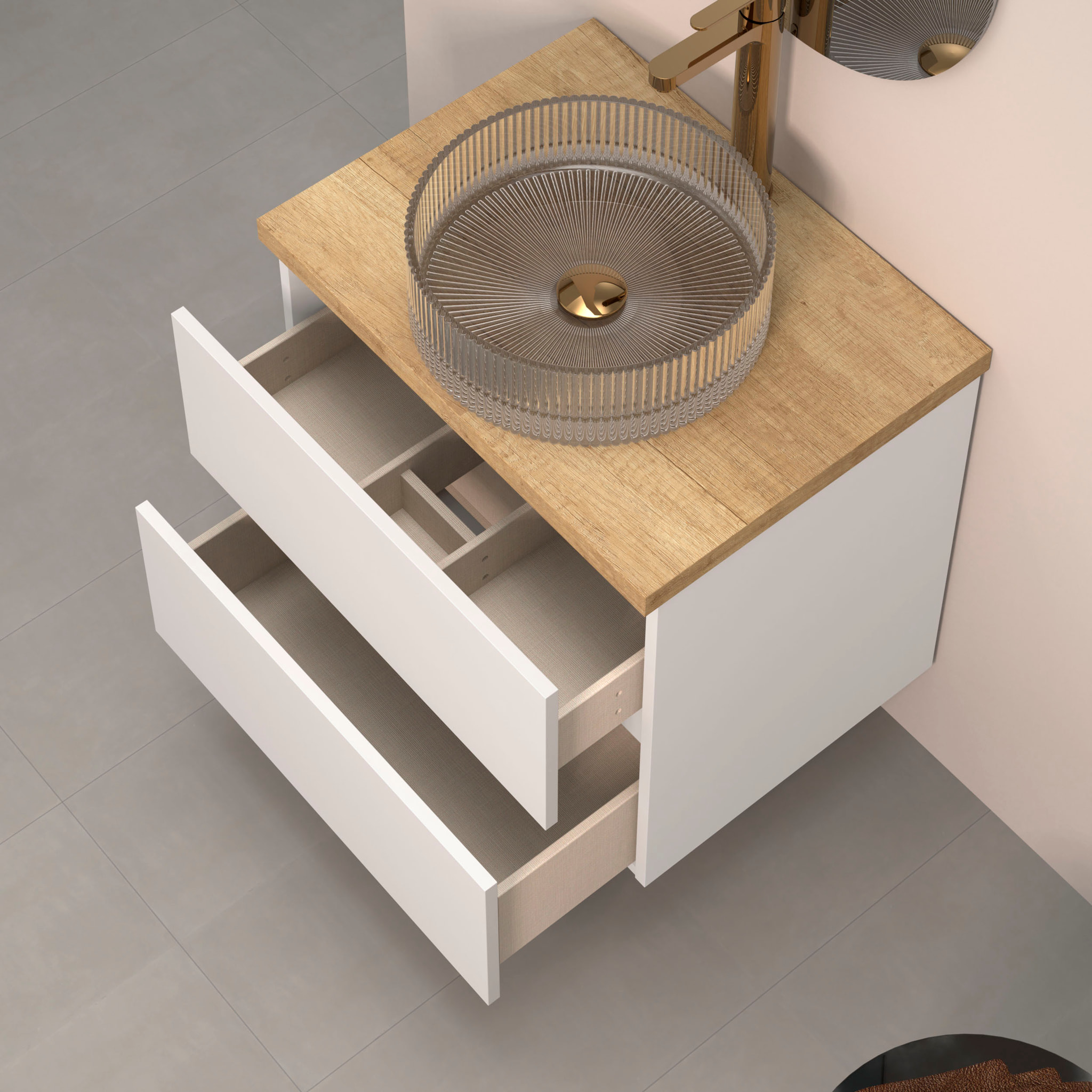 Ensemble de Salle de Bains Kub | 60 cm Blanc | Deux Tiroirs | Évier en Verre | Miroir non inclus | Meubles Assemblés | Alday