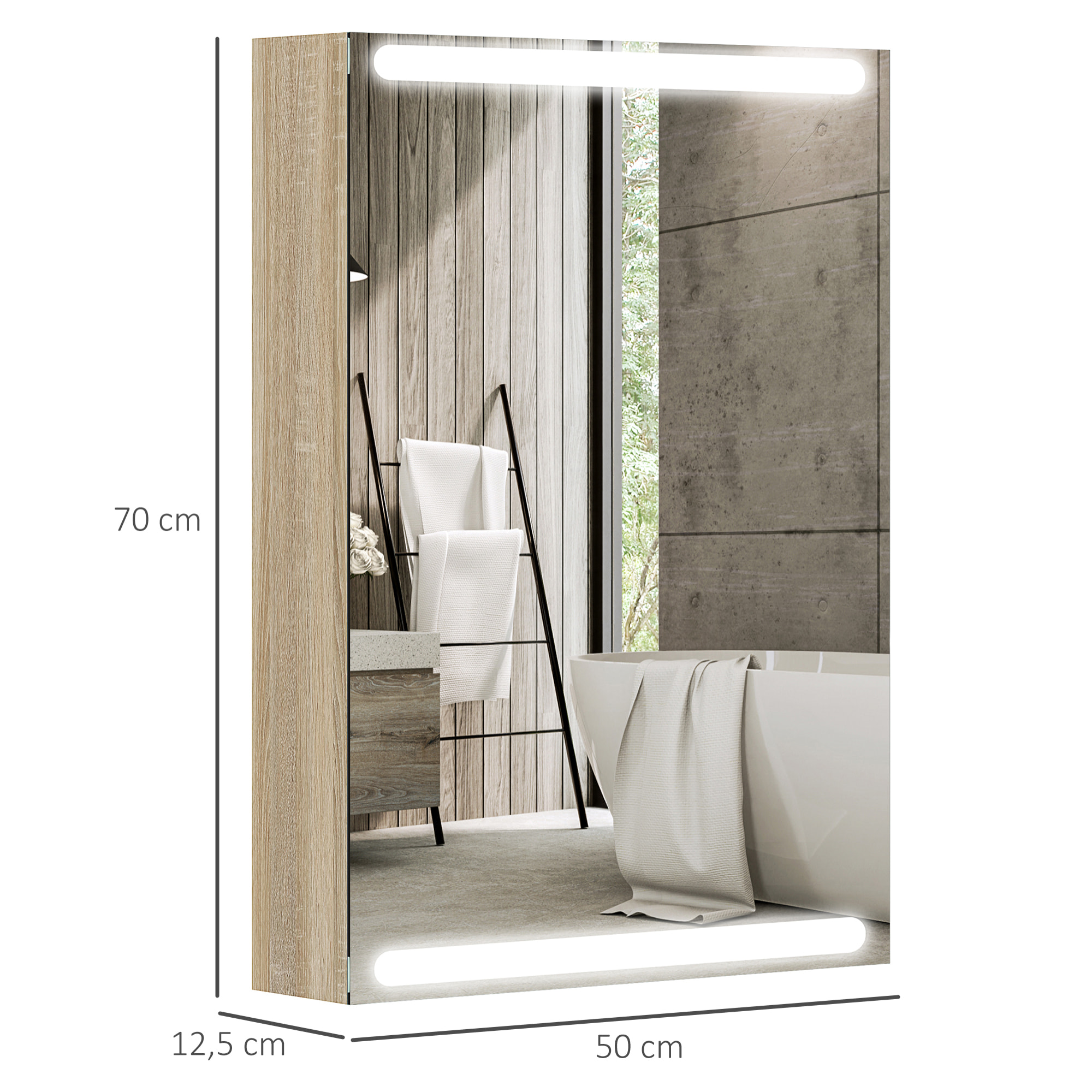 Armoire murale salle de bain  1 porte miroir lumineux LED intégré 50 x 70 cm 2 étagères verre effet bois