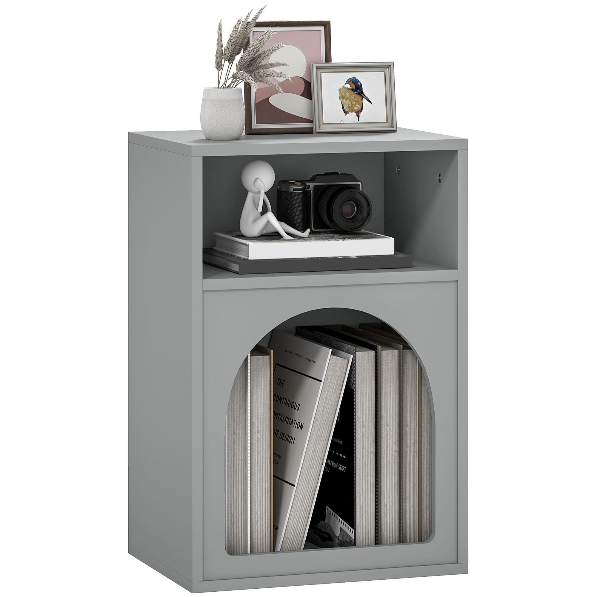 Mesita de Noche Moderna Mesilla de Noche Estrecha con 2 Compartimentos Abiertos Diseño en Forma de Arco Mesa Auxiliar para Salón Dormitorio 40x30x60 cm Gris