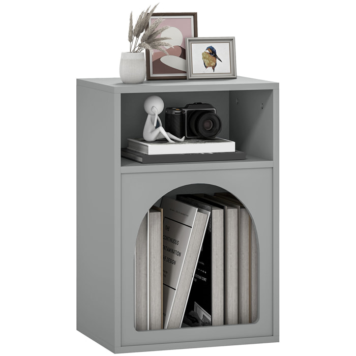 Mesita de Noche Moderna Mesilla de Noche Estrecha con 2 Compartimentos Abiertos Diseño en Forma de Arco Mesa Auxiliar para Salón Dormitorio 40x30x60 cm Gris