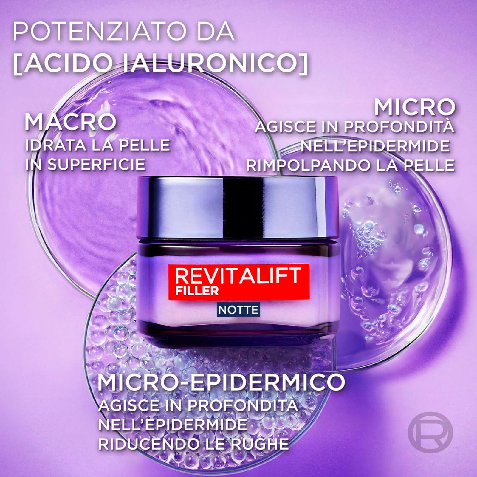 Crema Viso Notte Anti-Rughe Trattamento Rivolumizzante Revitalift Filler con Acido Ialuronico di Lunga Durata - Barattolo da 50ml