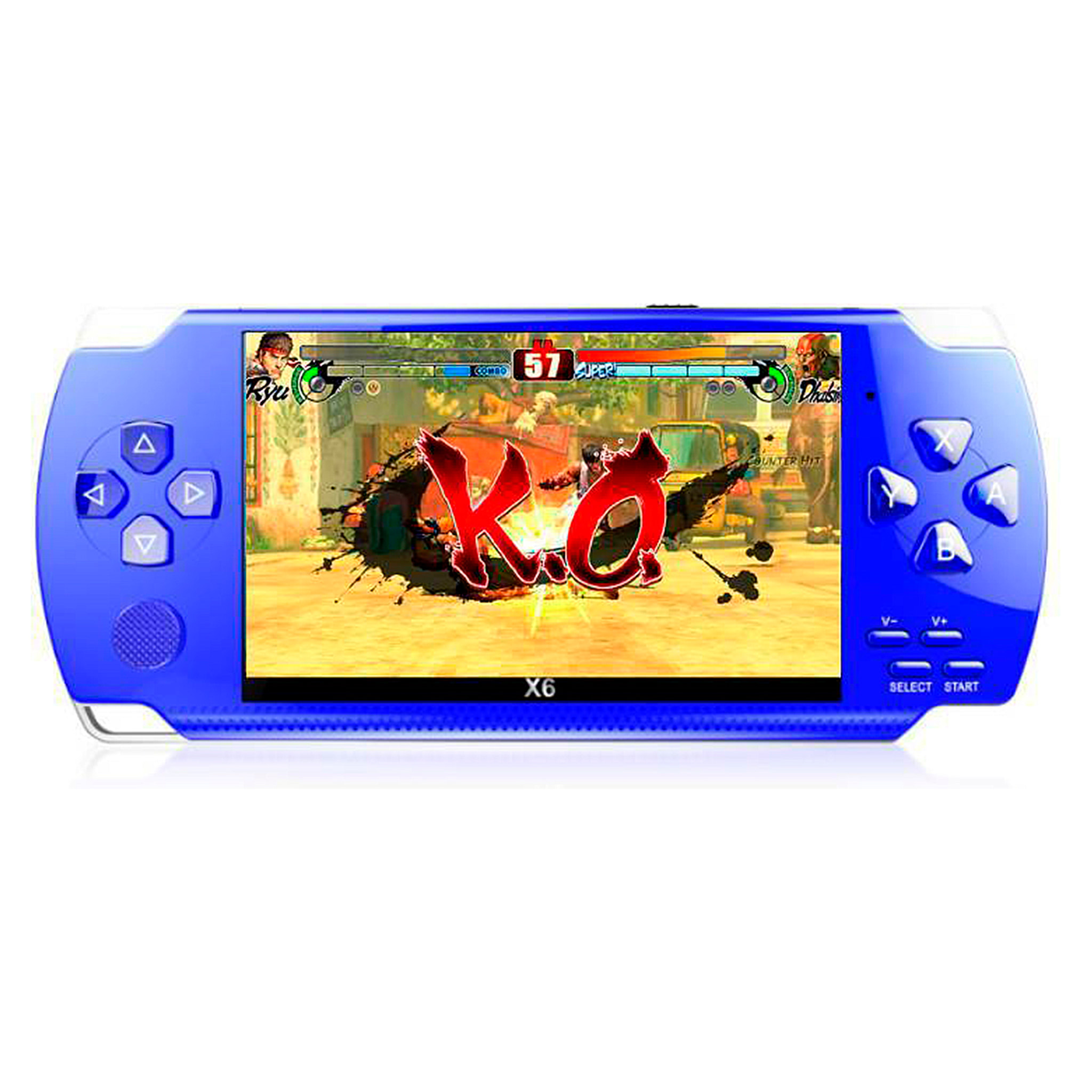 Consola de videojuegos X6 con juegos clásicos preinstalados. Reproductor multimedia con grabadora de sonido, cronómetro, calculadora y calendario.