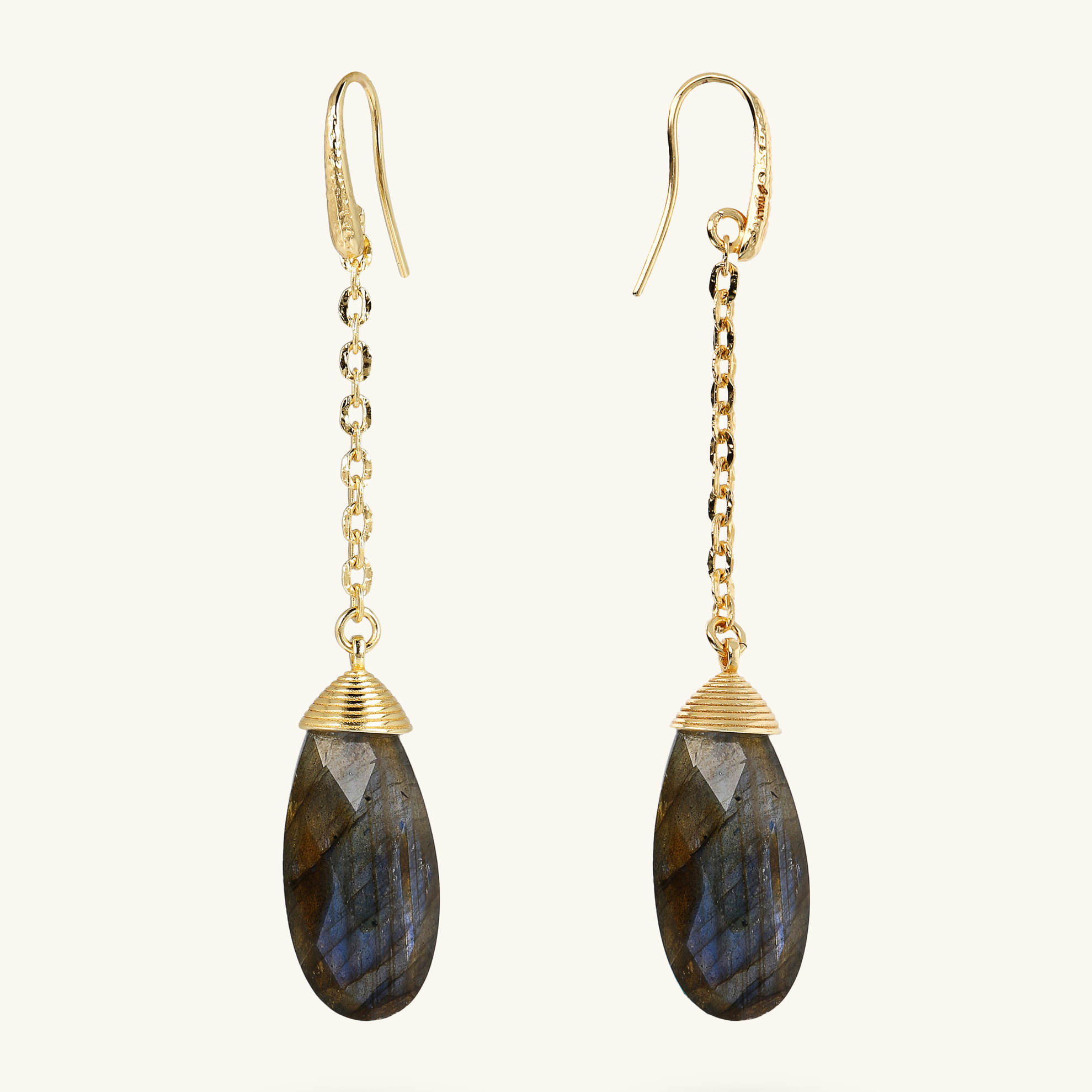 Orecchini Pendenti a Filo Catena Forzatina e Pendente Goccia in Pietra Naturale Labradorite