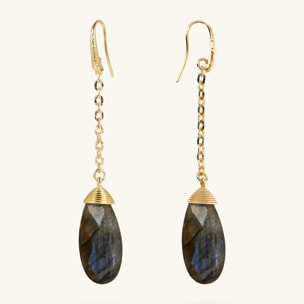 Orecchini Pendenti a Filo Catena Forzatina e Pendente Goccia in Pietra Naturale Labradorite
