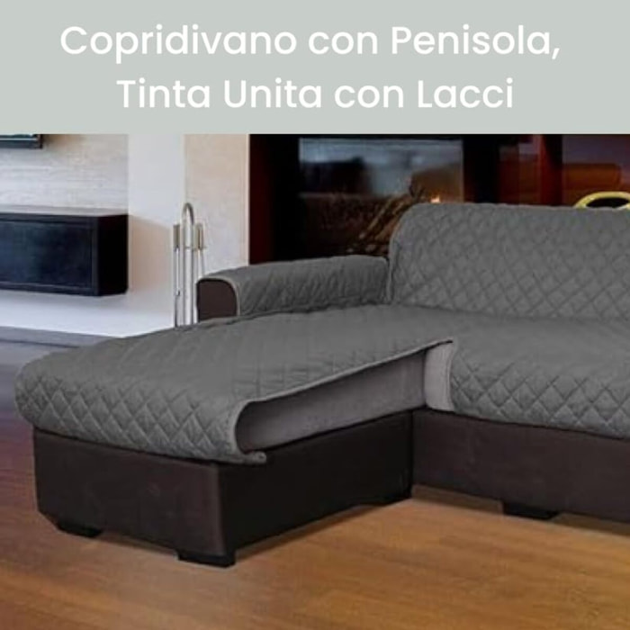 INTRECCI Copridivano 3 Posti con Penisola, Copridivano con Braccioli, Penisola Destra e Sinistra, Telo Copridivano Angolare, Impermeabile, Protegge da Macchie, Facile da Lavare. Colore: Grigio Scuro