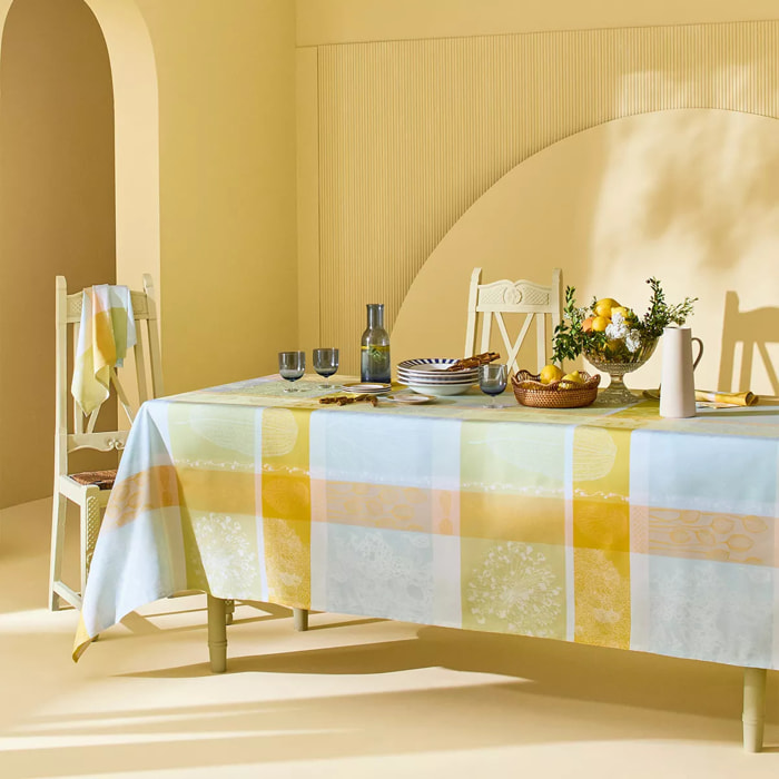 Nappe pur coton enduit motif jacquard jaune vert Mille lieues aube