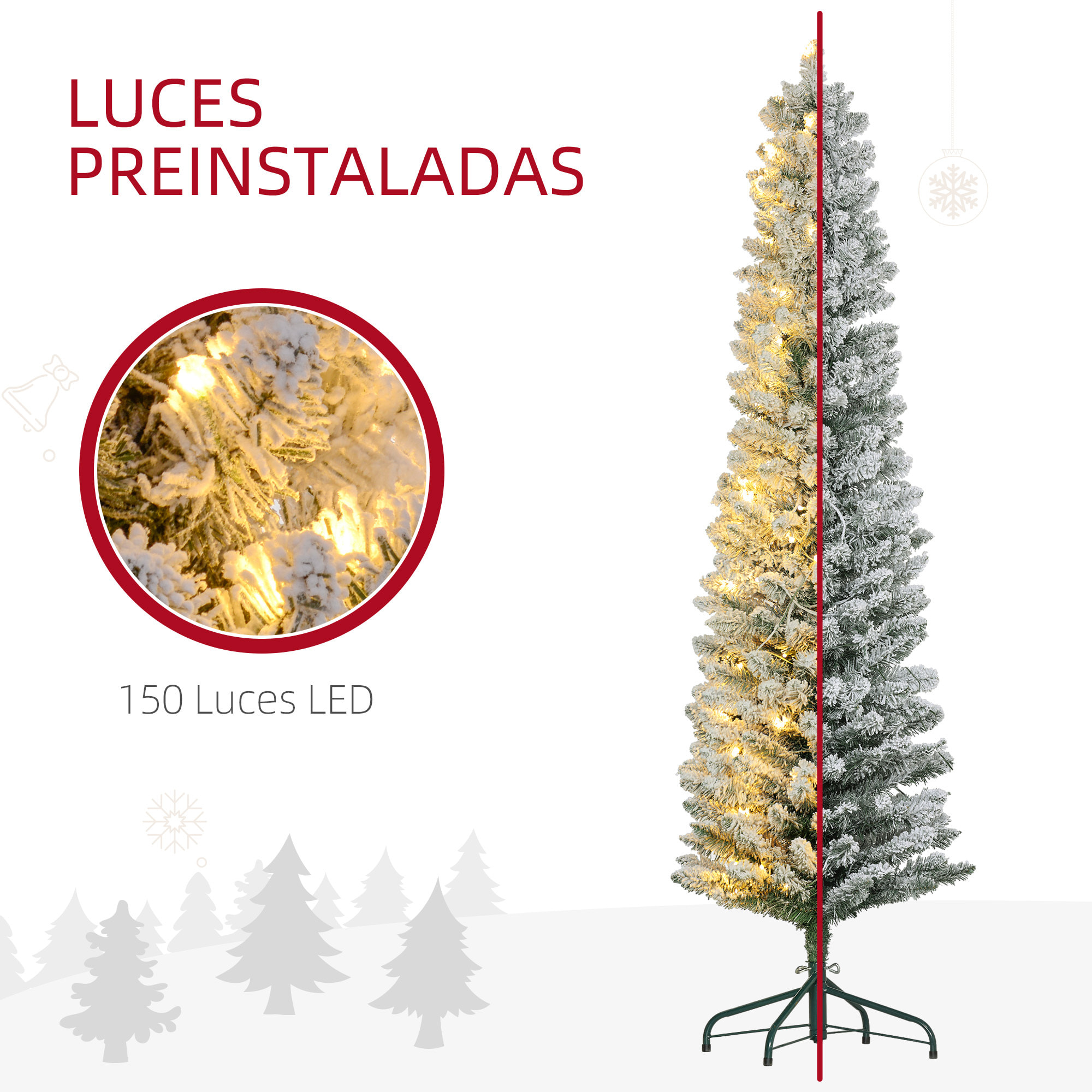 Árbol de Navidad 180 cm Árbol de Navidad Artificial Nevado con 150 Luces LED 329 Ramas y Soporte de Metal Árbol de Navideño para Salón Verde y Blanco