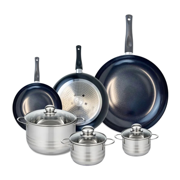 Ensemble de 3 Poêles de cuisson 20, 24 et 32 cm et 3 faitouts 12, 14 et 20 cm Elo Prima Brillant