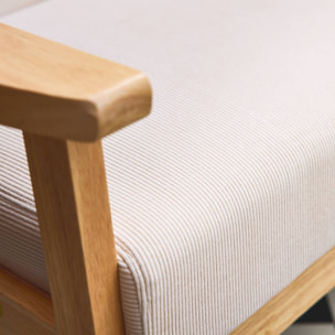 Canapé banquette 2 places + Fauteuil velours côtelé. pieds bois. crème